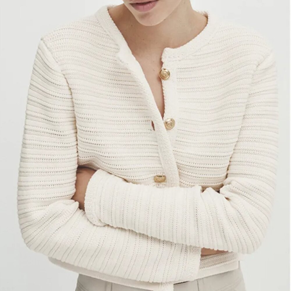 Massimo Dutti Textured Knit Cardigan With Gold Button Detail